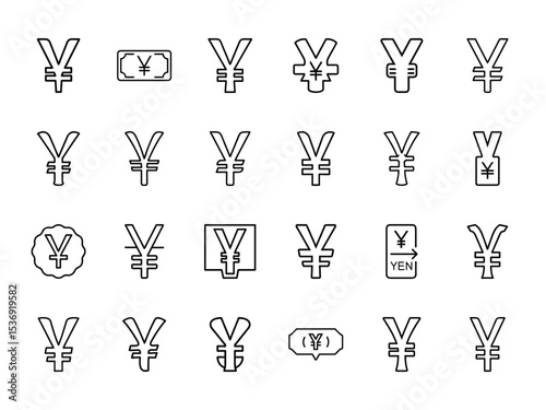 Yen Currency Symbol Icon Bundle in Silhouette Style on White Background – Japanese Yen Sign Line Art Icons for Finance, Forex, and Currency Apps

