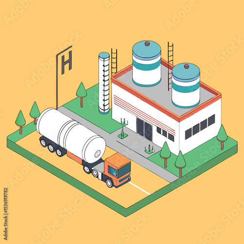 Isometric Oil Refinery with Tanker Truck in Operation Processing Fuels and Crude Oil Resources for Distribution
