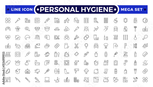 Personal Hygiene Outline Icons set. Contain icons related to Hygiene, clean, sanitary, towel, wash, liquid , and more.