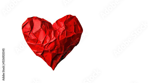 Crumpled red heart sculpture representing love and passion in a minimalist artistic expression, capturing intricate details of texture and shape.