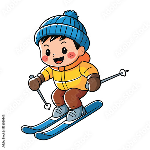 A cute cartoon of a young boy skiing down a snowy hill