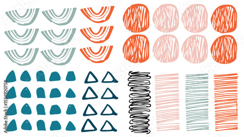 Abstract pattern with semicircles triangles circles and lines in various colors and brush stroke textures