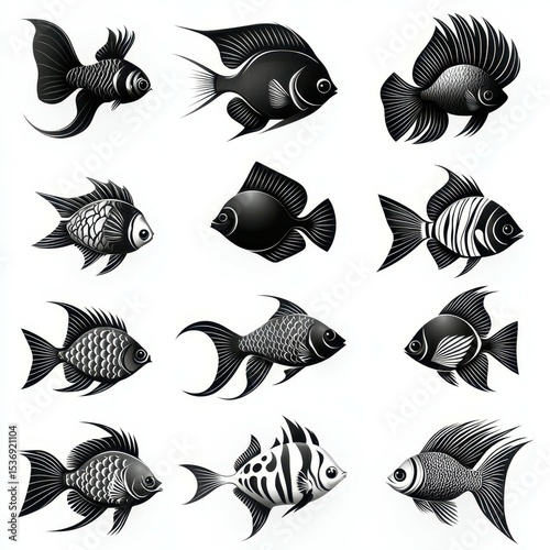 Collection of unique black and white fish illustrations displayed on a white background showcasing diverse aquatic species