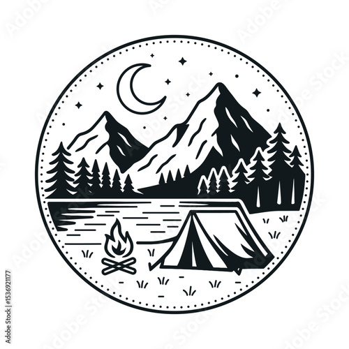 Modern mountain camping scene line art illustration with moon lake and tent in forest landscape for travel and adventure designs Fully editable | Fully manually created | EPS Pro