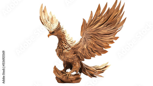 Majestic wooden eagle sculpture captures the essence of freedom and strength in an artful display of craftsmanship and detail, showcasing nature's beauty.