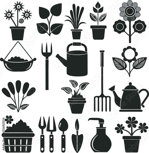 A collection of stylized agricultural and farming icons, featuring elements such as crops, farm buildings, and farming tools, presented with a clean and modern aesthetic