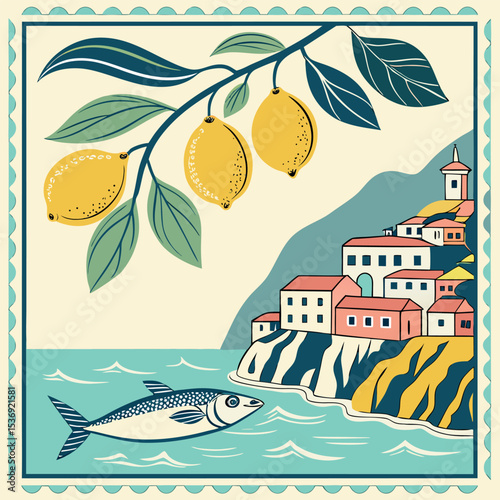 Mediterranean Coastal Scene with Lemons Vintage Style Illustration of a picturesque seaside town and a vibrant lemon tree with fish