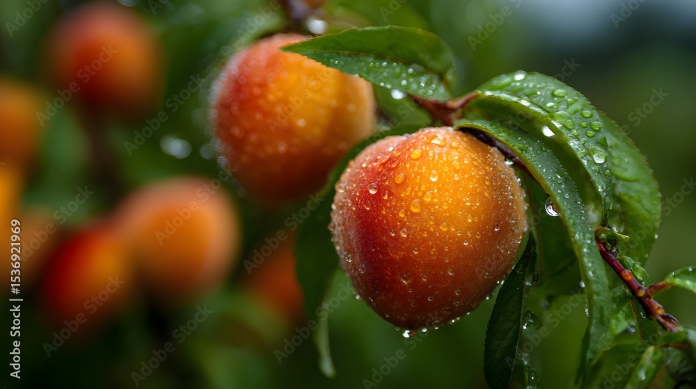 Obraz premium Orchard of peach after rainfall fresh water droplet clinging fruit sun breaking through cloud cover vivid post rain freshness farmland captured post rain sky background clear cut out isolated
