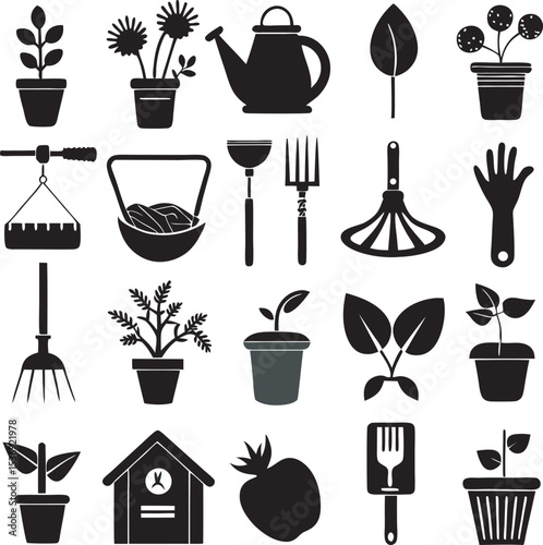 A collection of stylized agricultural and farming icons, featuring elements such as crops, farm buildings, and farming tools, presented with a clean and modern aesthetic