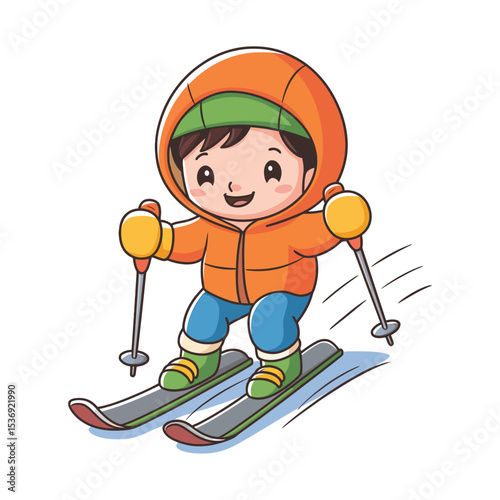A cute cartoon illustration of a child skiing.