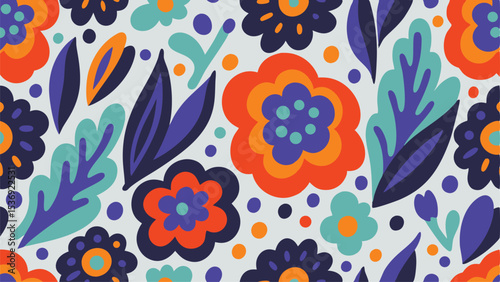 Colorful floral pattern with orange and blue flowers and leaves on a white background design element