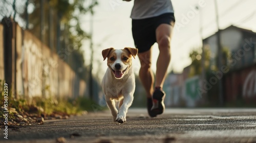 sporty dog breed jogging with runner, fitness lifestyle