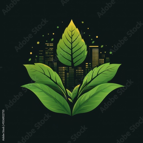 Urban green concept showcasing leaves among city skyline in a vibrant illustration