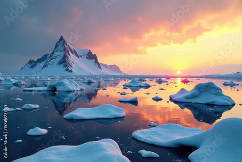 Sunset over icebergs in the ocean, serene and calm atmosphere