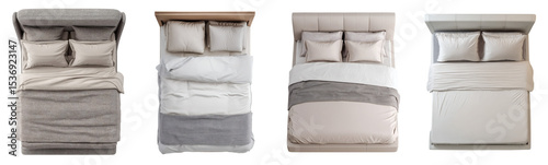 Realistic Comfortable Bed Top View PNG set Transparent background