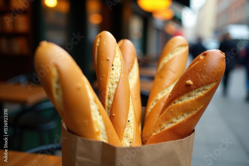 A paper bag filled with freshly baked baguette bread, ideal for a grocery run or as a prop for food photography