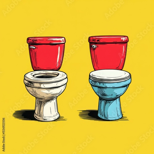 Unique artistic illustration of two brightly colored toilets against a yellow background