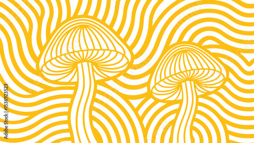 Two yellow mushrooms with wavy lines creating a psychedelic pattern on a white background design element