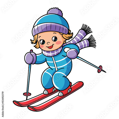 A cute cartoon of a child skiing