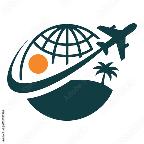 Airplane flies over a tropical island with a globe and orange sun