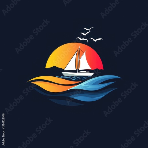 Colorful sunset over ocean with sailboat and seagulls in calm waters