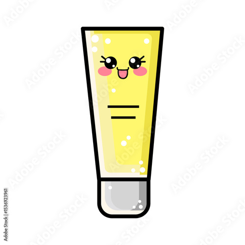 Adorable kawaii style cream or hand cream, body cream, lotion. The packaging features a cute lovely yellow tube with a smiling face, eyelashes, rosy cheeks, and sparkling eyes