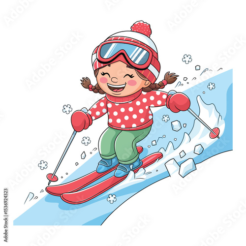 A cheerful young girl skiing down a snowy slope