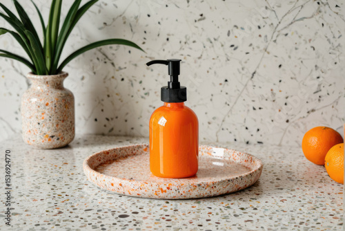 A bottle of liquid sits on a plate next to fresh oranges