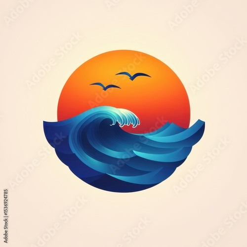 Sunset over waves with birds flying in a clear sky during golden hour