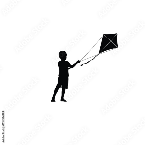 boy flying kite silhouette black on white background