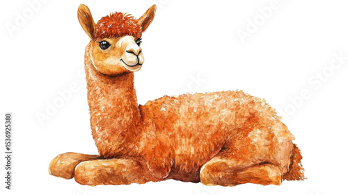 Fluffy brown alpaca lounging peacefully in a sunny meadow, enjoying a tranquil afternoon beneath a clear blue sky, surrounded by vibrant greenery and wildflowers.
