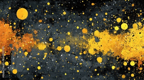 Colorful abstract painting with yellow and orange splashes on dark background in modern art style