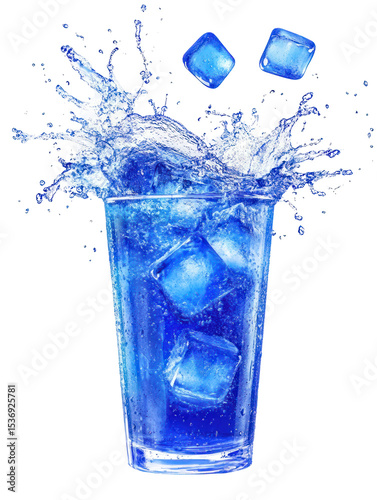  Blue raspberry soda in a vibrant blue tone with ice cubes and splash on transparent background