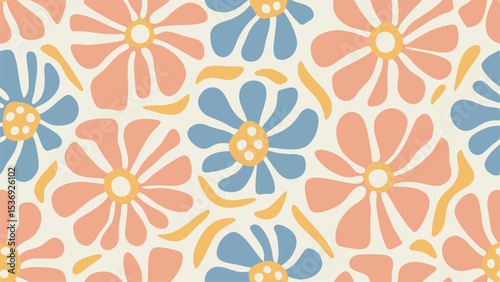 Floral pattern with peach and blue flowers and yellow accents in a seamless arrangement for background