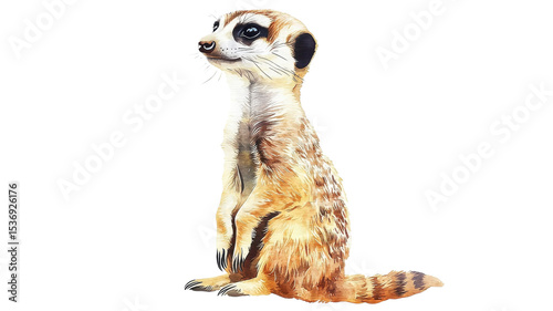 Curious meerkat stands upright in a sandy landscape, observing its surroundings during a bright afternoon basking in the warm sun.