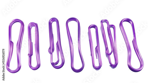Collection of purple paper clips arranged in an artistic pattern on a clean background highlighting their unique shapes and vibrant color.