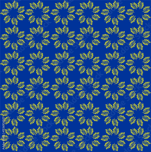 Radiating golden fern motifs form floral starbursts on a rich blue background, blending botanical charm with regal, symmetrical sophistication.