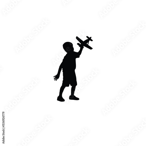 boy playing with toy airplane silhouette on white background