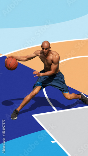 Poster with basketball player performs quick crossover move on bright multicolored outdoor court in daylight. Motion, action, energy of professional sport, athletic performance, and game strategy. photo