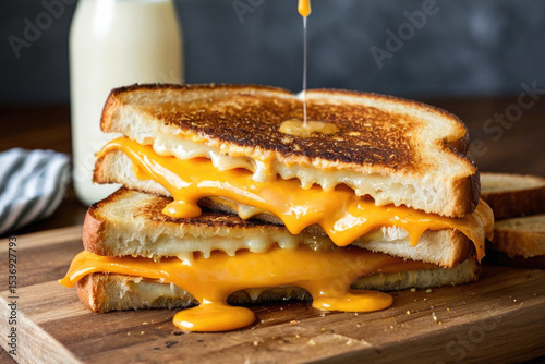 A close-up view of a grilled cheese sandwich on a cutting board next to a bottle of milk
