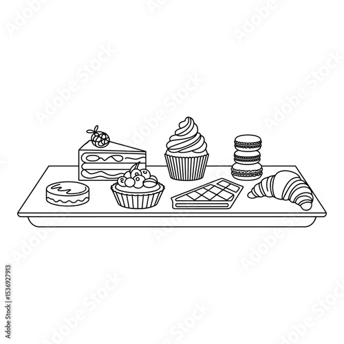 Assorted desserts on a tray isolated on white background