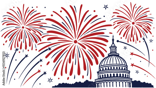 Patriotic Celebration Fireworks over the US Capitol Building in Red White and Blue
