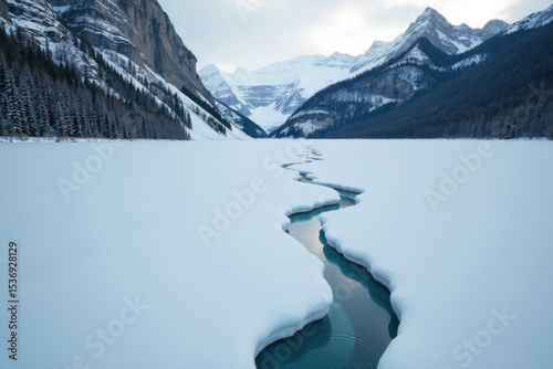 A serene scene of a stream flowing through a snowy field, great for calm and peaceful backgrounds