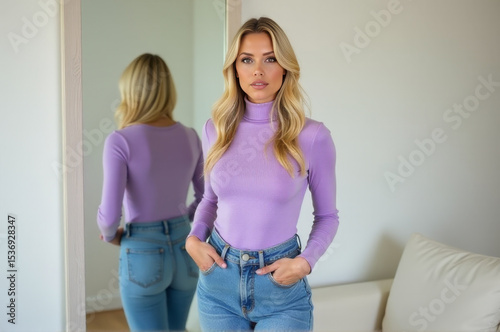 A woman stands in front of a mirror, looking at her reflection
