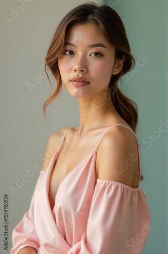 A woman in a pink dress posing for a camera