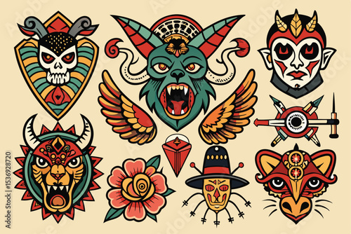A collection of tribal tattoo designs featuring diverse vector patterns, illustrations, and ornamental elements like butterflies, flowers, skulls, and animal silhouettes in a striking black art style
