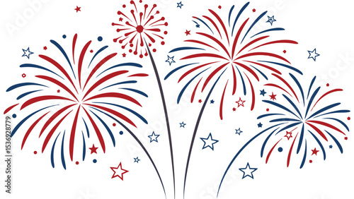 Red White and Blue Fireworks with Stars on a White Background