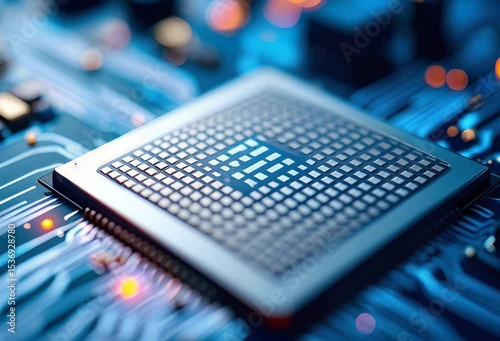 Close-up shot of a computer circuit board with a central processor unit (CPU)