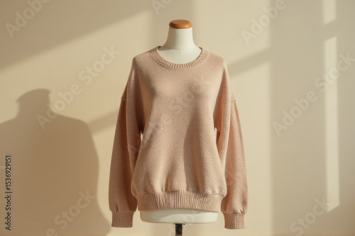 A sweater displayed on a mannequin stand in a room, great for fashion or interior design concepts