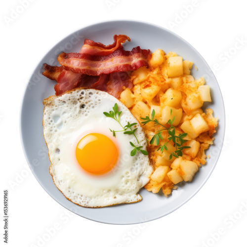  Breakfast with eggs, bacon, and hashbrowns panoramic view on transparent background